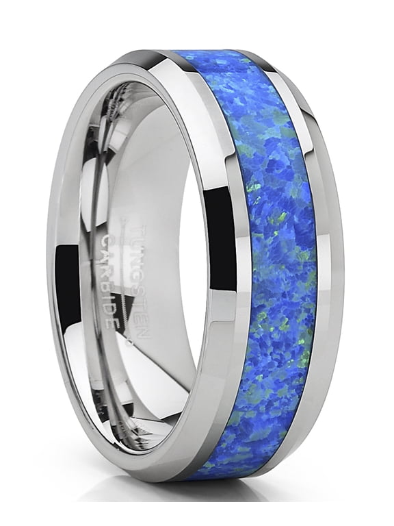 Mens Tungsten Carbide Wedding Band Ring Blue Green Simulated Opal Inlay 8mm 10.5