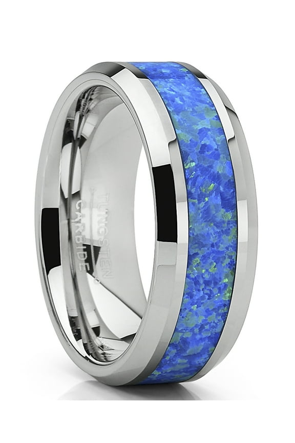 Mens Tungsten Carbide Wedding Band Ring Blue Green Simulated Opal Inlay 8mm 12