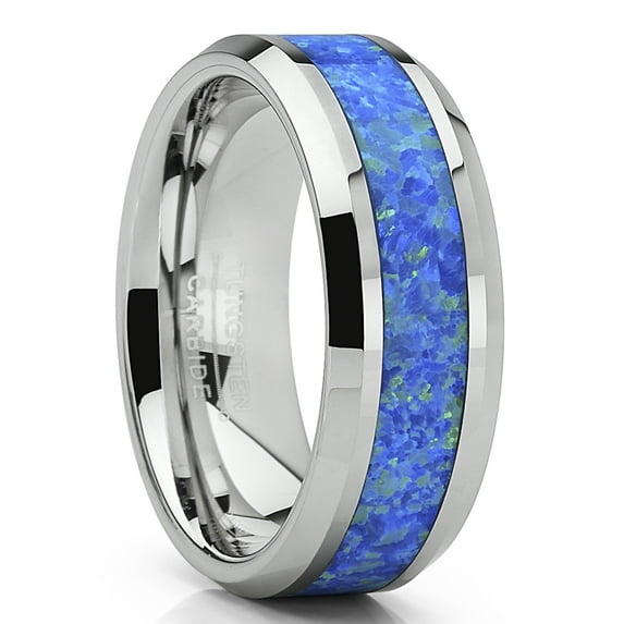 Metal Masters Mens Tungsten Carbide Wedding Band Ring Blue Green Simulated Opal Inlay 8mm 8.5