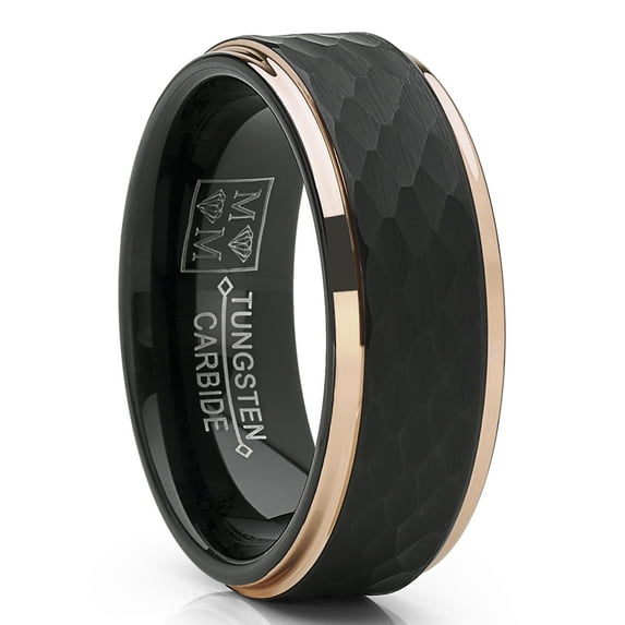 Metal Masters Mens Tungsten Carbide Wedding Ring Black Rose Goldtone Hammered Band 12.5