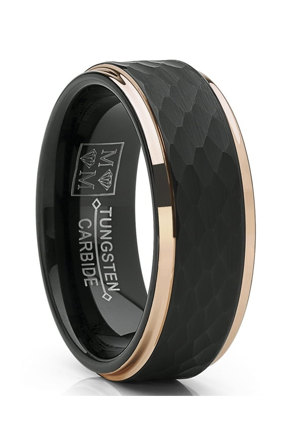 Mens Tungsten Carbide Wedding Ring Black Rose Goldtone Hammered Band 7.5
