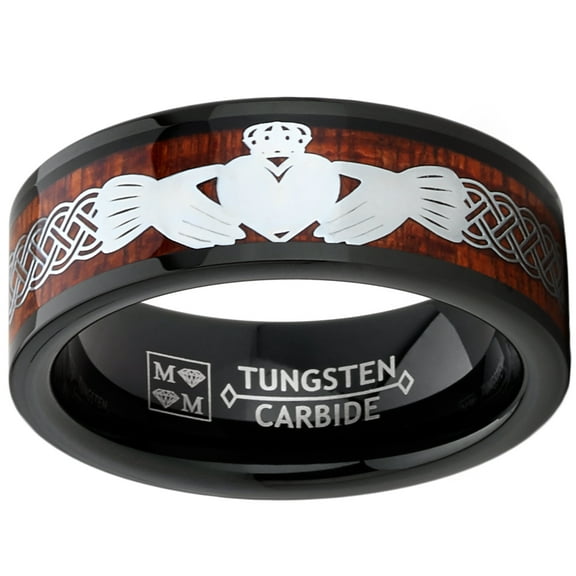 Metal Masters Mens Tungsten Irish Celtic Claddagh Wedding Band Wood Inlay 8mm Black