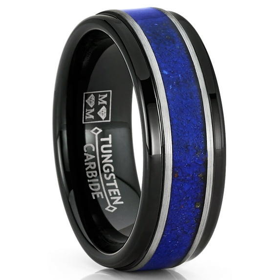 Metal Masters Mens Tungsten Ring Blue Lapis Lazuli Gemstone Inlay Wedding Band Comfort-Fit 8mm