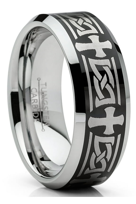 Mens Tungsten Ring Christian Cross Celtic Wedding Band Laser Etched Black 8mm
