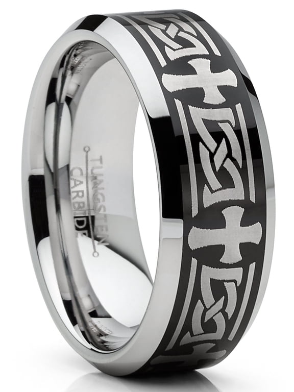 Mens Tungsten Ring Christian Cross Celtic Wedding Band Laser Etched Black 8mm