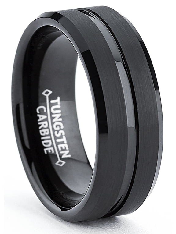 Mens Tungsten Ring Wedding Band Black Grooved Beveled Edge 8mm