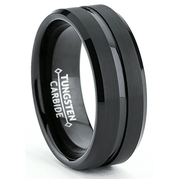 Metal Masters Mens Tungsten Ring Wedding Band Black Grooved Beveled Edge 8mm