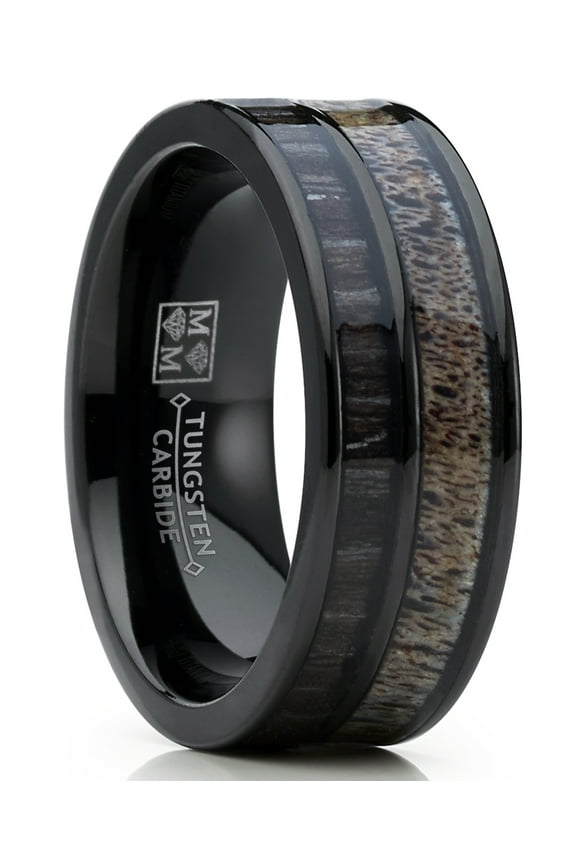 Mens Tungsten Ring Wedding Band Deer Antler Koa Wood Outdoor Hunting 8mm 10.5