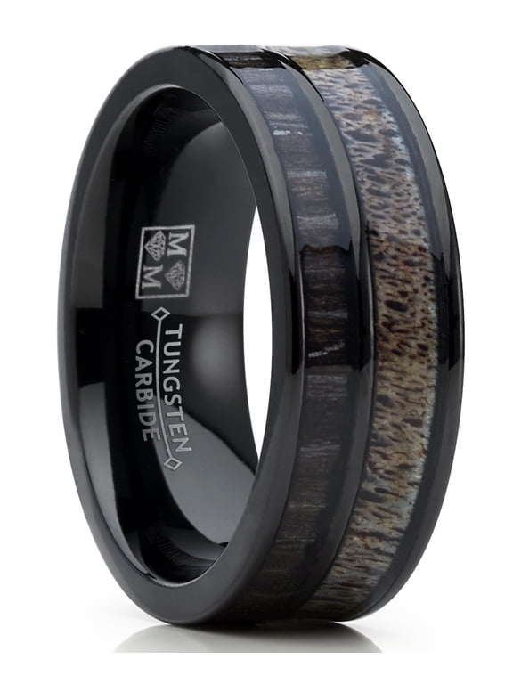 Mens Tungsten Ring Wedding Band Deer Antler Koa Wood Outdoor Hunting 8mm 11