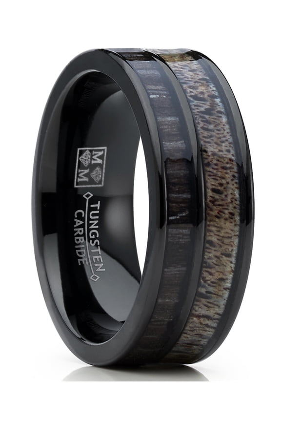 Mens Tungsten Ring Wedding Band Deer Antler Koa Wood Outdoor Hunting 8mm 13