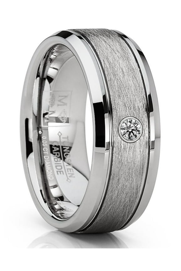 Mens Tungsten Wedding Band .5Ct. Diamond Texture Brush High-Polish Silver-toned 8mm