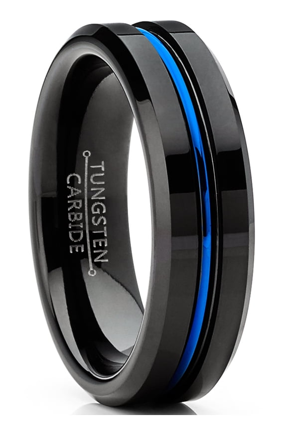 Mens Tungsten Wedding Band Black Ring Grooved Center Blue 6mm