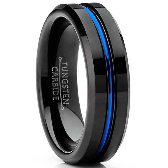 Metal Masters Mens Tungsten Wedding Band Black Ring Grooved Center Blue Comfort-Fit 6mm 5-13