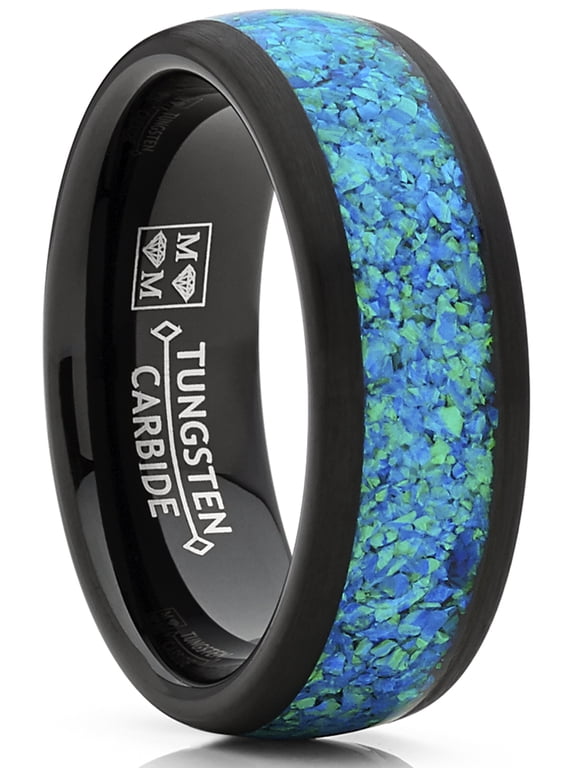 Mens Tungsten Wedding Band Engagement Ring Crushed Opal Inlay Black 8mm