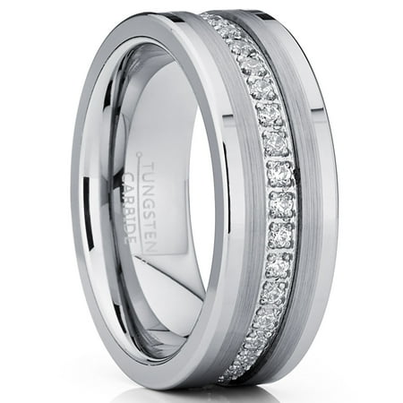 Metal Masters Mens Tungsten Wedding Band Ring Cubic Zirconia Inlay 8mm Silvertone 8
