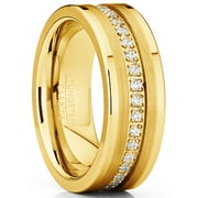 Metal Masters Mens Tungsten Wedding Band Ring Cubic Zirconia Inlay 8mm Goldtone 12