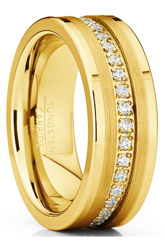 Mens Tungsten Wedding Band Ring Cubic Zirconia Inlay 8mm Goldtone 13