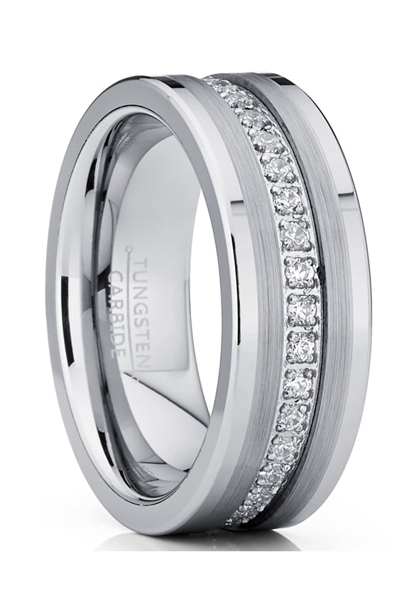 Mens Tungsten Wedding Band Ring Cubic Zirconia Inlay 8mm Silvertone 10