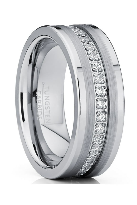 Mens Tungsten Wedding Band Ring Cubic Zirconia Inlay 8mm Silvertone 12.5