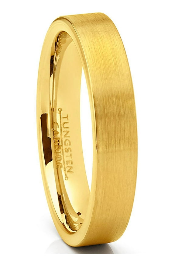 Mens Tungsten Wedding Band Ring GoldTone Flat Brushed Comfort-Fit 4mm