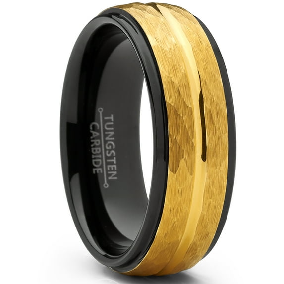 Metal Masters Mens Two-Tone Black Goldtone Hammered Brushed Tungsten Wedding Ring 8mm Comfort-Fit Band 10.5