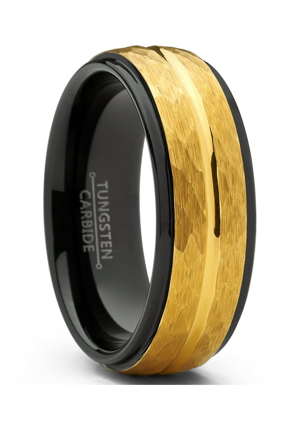Mens Two-Tone Black Goldtone Hammered Brushed Tungsten Wedding Ring 8mm Comfort-Fit Band 13