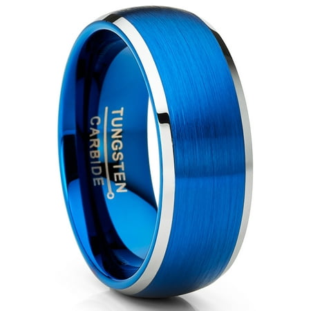 Metal Masters Mens Two-Tone Blue Silver Tungsten Carbide Wedding Band Ring Comfort-Fit High-Polish 8mm
