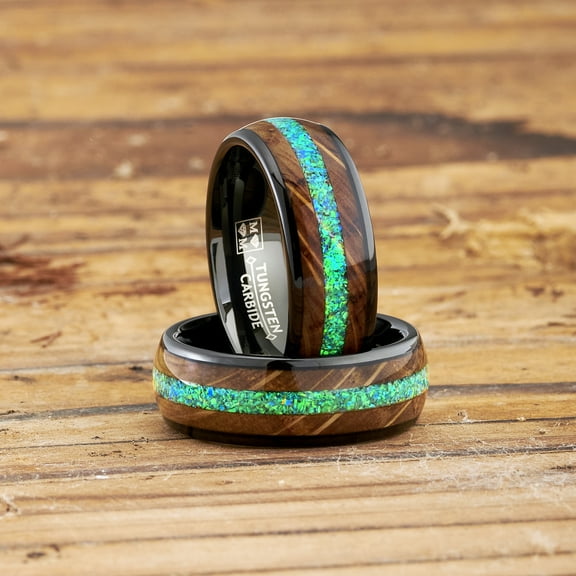 Metal Masters Mens Black Tungsten Engagement Ring Whiskey Barrel Green Opal Inlay Wedding Band 8mm