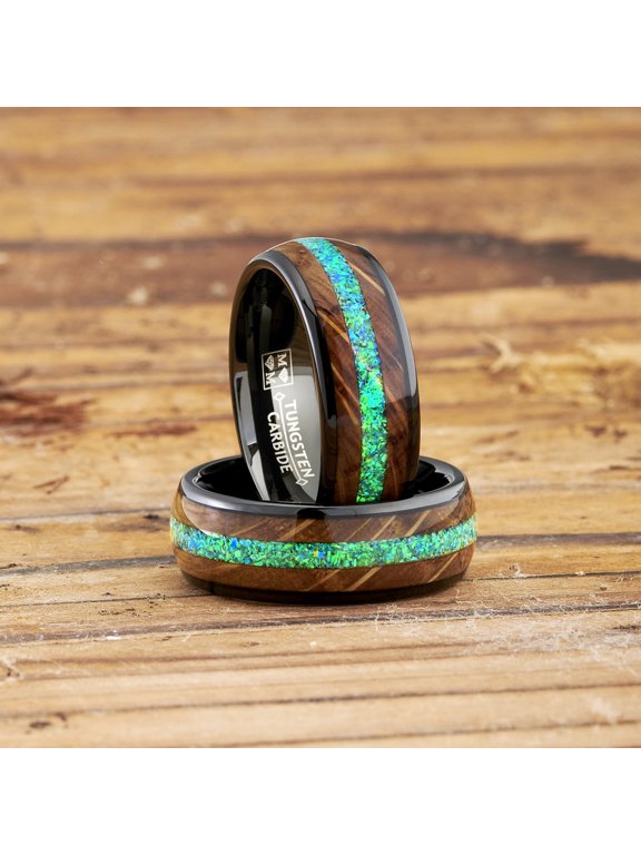 Mens Black Tungsten Engagement Ring Whiskey Barrel Green Opal Inlay Wedding Band 8mm