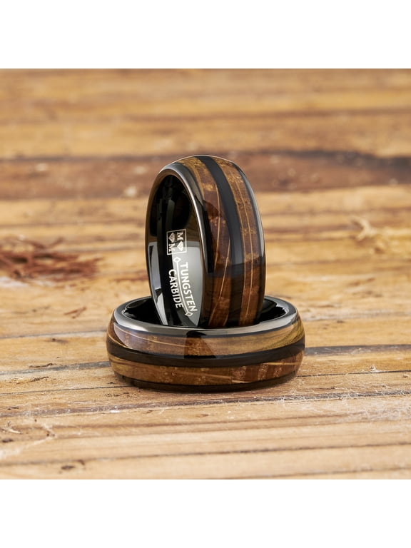 Mens Gunmetal Black Tungsten Engagement Ring Whiskey Barrel Grain Wood Inlay Wedding Band 8mm
