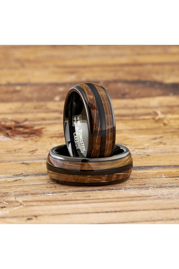 Mens Gunmetal Black Tungsten Engagement Ring Whiskey Barrel Grain Wood Inlay Wedding Band 8mm
