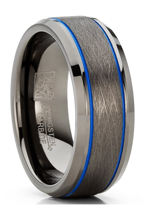 Mens Gunmetal Tungsten Thin Blue Line Law Enforcement Police Ring Wedding Band