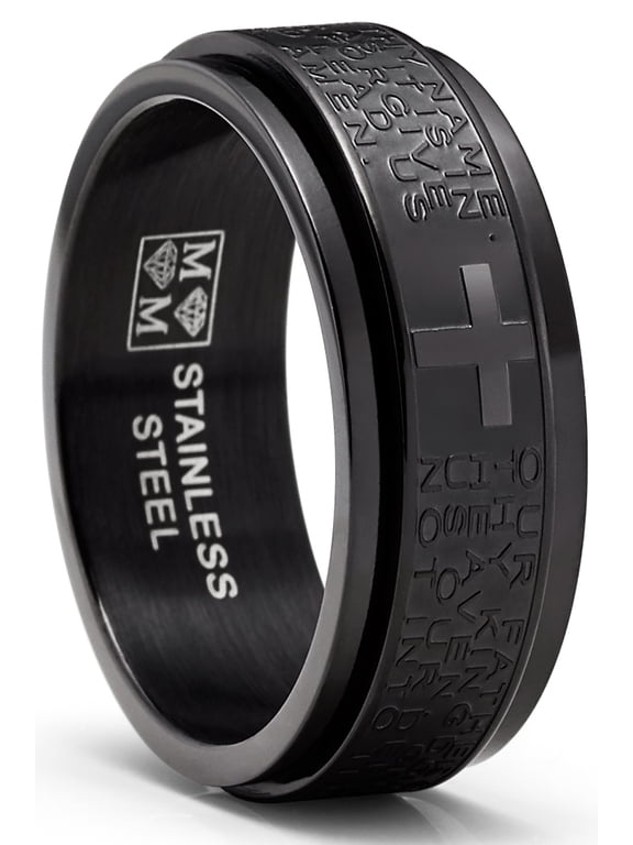 Mens Stainless Steel Lord's Prayer Spinner Fidget Ring Anxiety Band Black 8mm