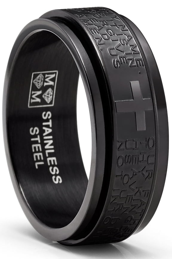 Mens Stainless Steel Lord's Prayer Spinner Fidget Ring Anxiety Band Black 8mm