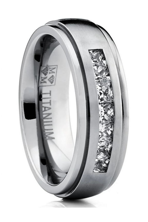 Mens Titanium Dome Wedding Band Ring Cubic Zirconia Princess-cut 7mm