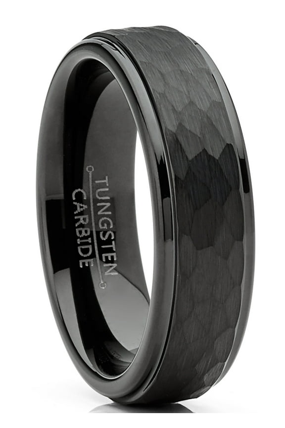 Mens Tungsten Black Wedding Band Ring Hammered Center Comfort-Fit 6mm