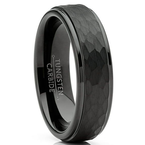 Metal Masters Mens Tungsten Black Wedding Band Ring Hammered Center Comfort-Fit 6mm