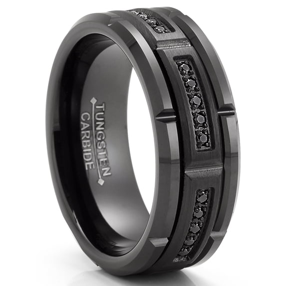 Metal Masters Mens Tungsten Carbide Black Brick Design Wedding Band Engagement Ring Cubic Zirconia Comfort-Fit 8mm