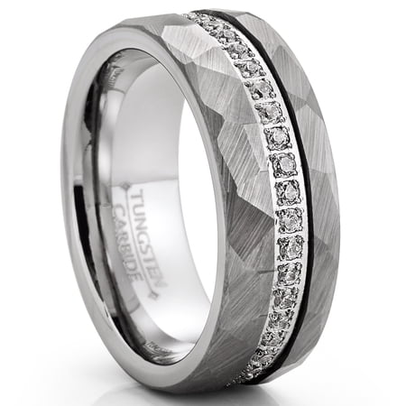 Metal Masters Mens Tungsten Carbide Hammered Wedding Band Eternity Engagement Ring Cubic Zirconia Comfort-Fit 8mm Silvertone