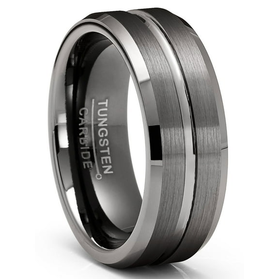Metal Masters Mens Tungsten Carbide Ring Gunmetal Wedding Band Grooved Ring 8mm Comfort-Fit