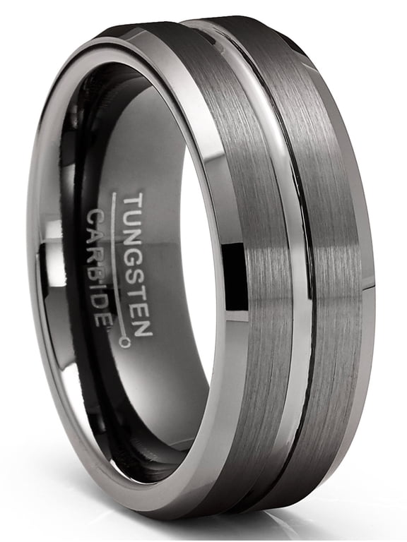 Mens Tungsten Carbide Ring Gunmetal Wedding Band Grooved Ring 8mm Comfort-Fit