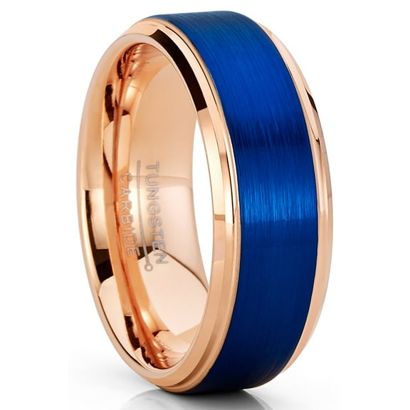 Metal Masters Mens Tungsten Carbide Ring RoseGoldtone Blue Wedding Band Comfort-fit 8mm