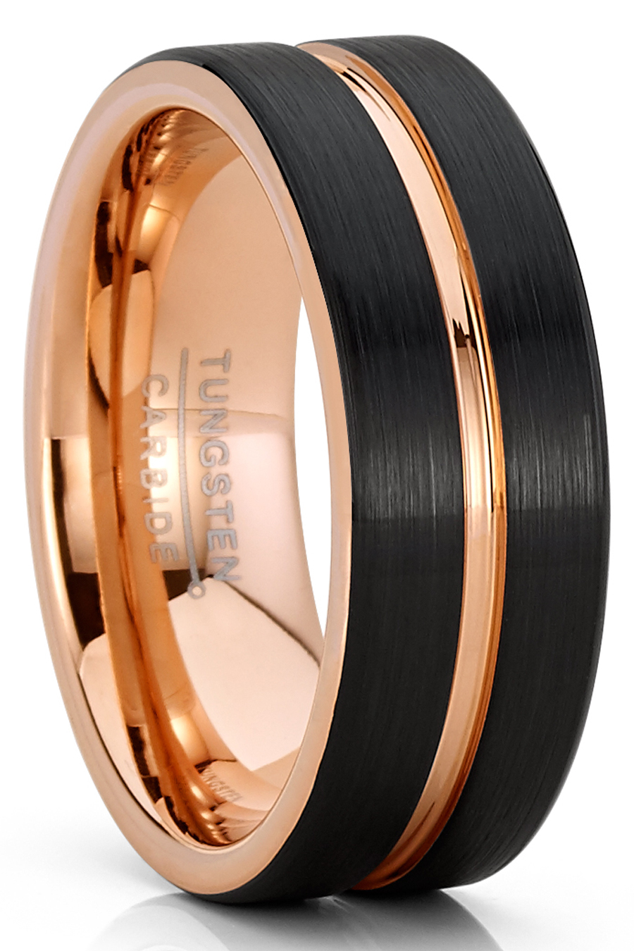 Metal Masters Mens Tungsten Carbide Ring RoseTone Black Grooved Wedding Band Comfort-fit 8MM ...