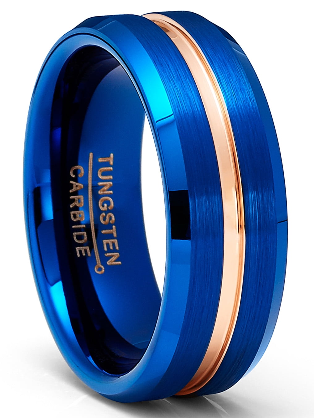 Metal Masters Mens Tungsten Carbide Ring Wedding Band Grooved Ring Blue Rosegold-tone 8mm ...