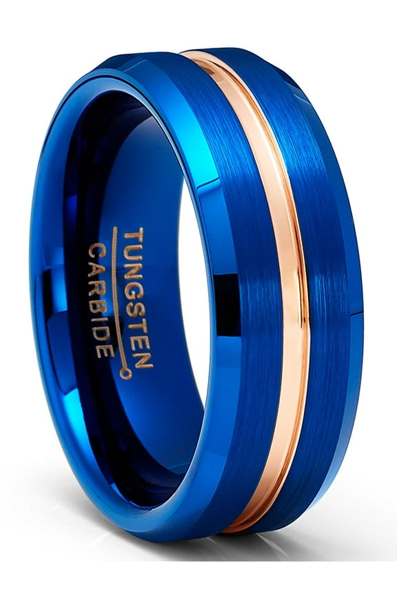 Mens Tungsten Carbide Ring Wedding Band Grooved Ring Blue Rosegold-tone 8mm Comfort-Fit