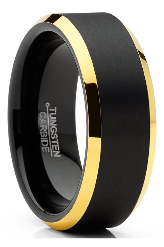 Mens Tungsten Ring Black Goldtone Wedding Band Beveled Edges Comfort-fit 8mm 10