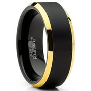 Metal Masters Mens Tungsten Ring Black Goldtone Wedding Band Beveled Edges Comfort-fit 8MM 12.5