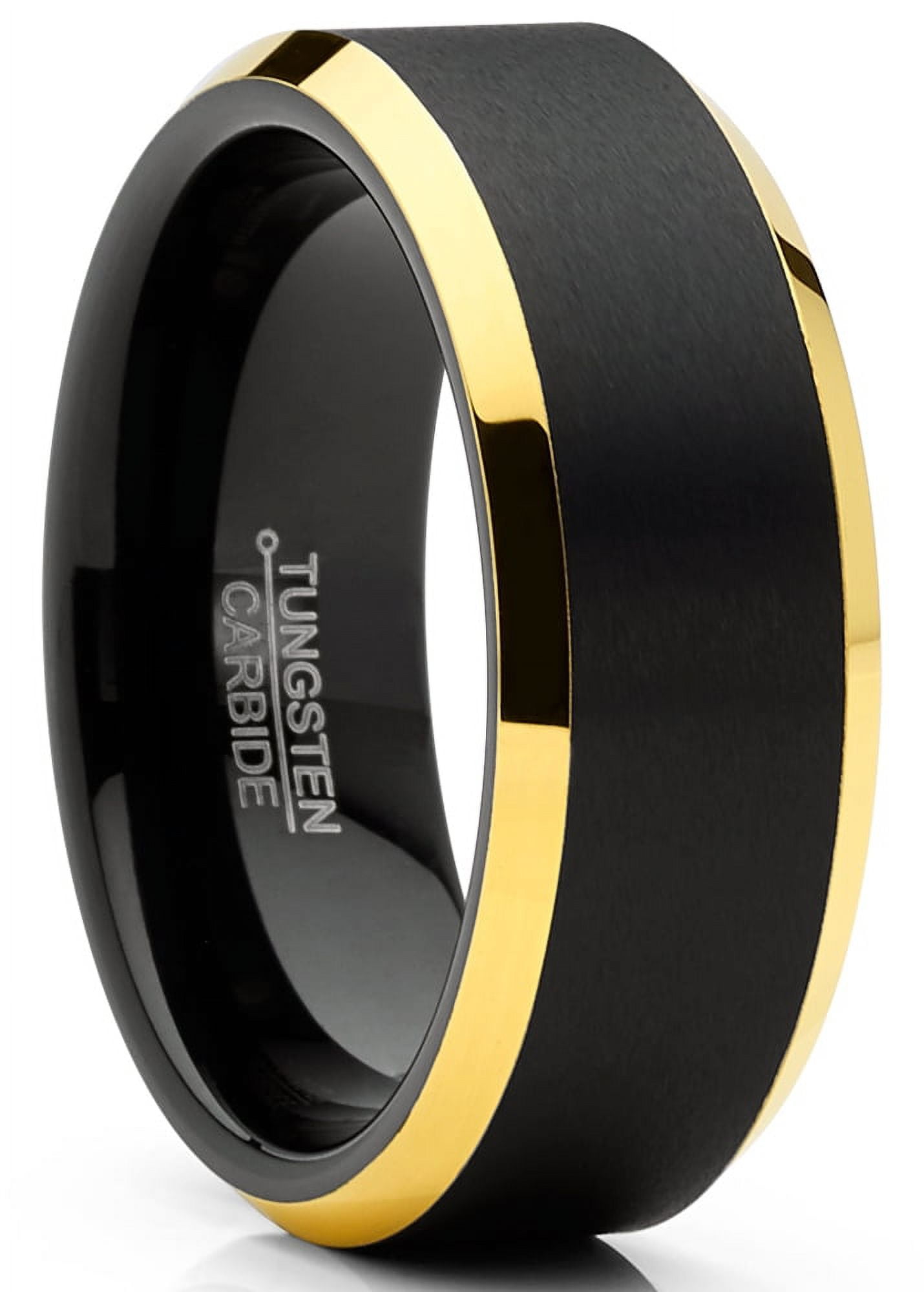 Metal Masters Mens Tungsten Ring Black Goldtone Wedding Band Beveled Edges Comfort-fit 8MM 9