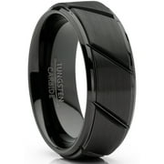 Metal Masters Mens Tungsten Ring Black Grooved Wedding Band Beveled Edges Comfort-fit 8MM