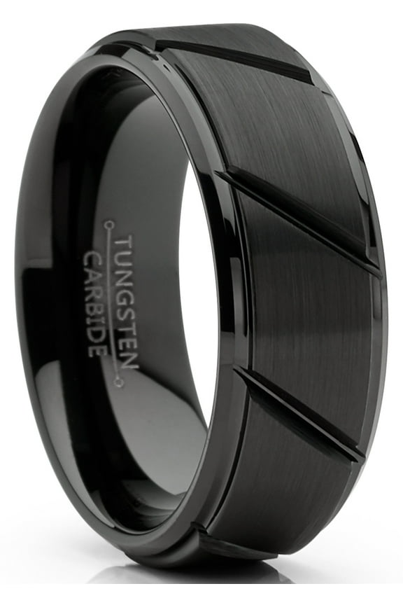 Mens Tungsten Ring Black Grooved Wedding Band Beveled Edges Comfort-fit 8mm